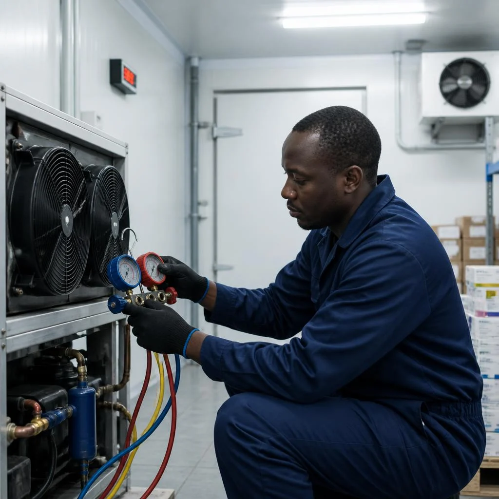 Technician checking pharmaceutical cold-chain refrigeration