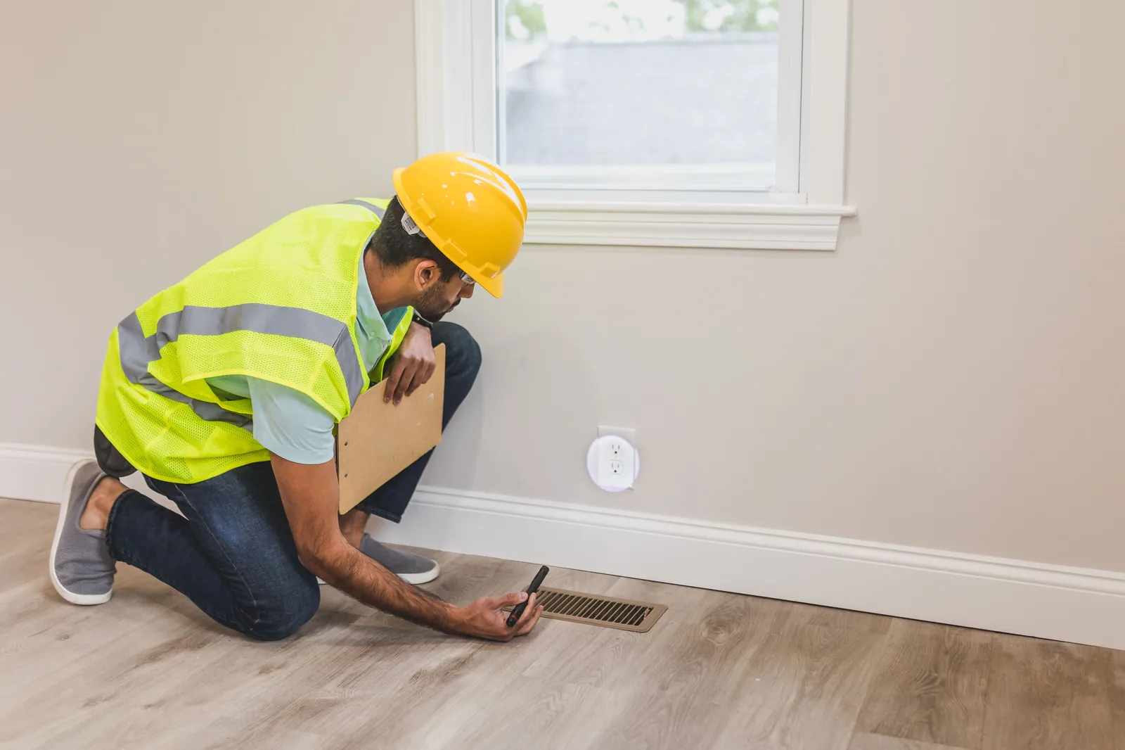 Engineer in hi-vis and hard hat inspecting a floor supply vent with a clipboard during a site survey